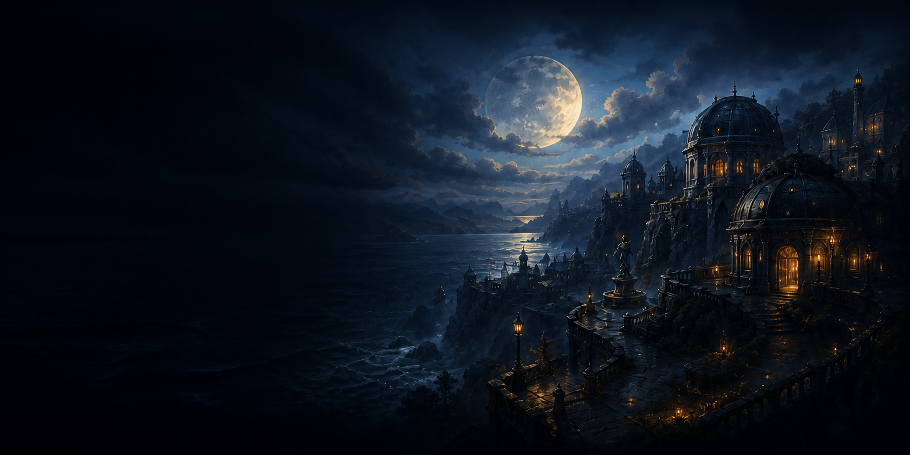 A moonlit coastal city and its lighthouse