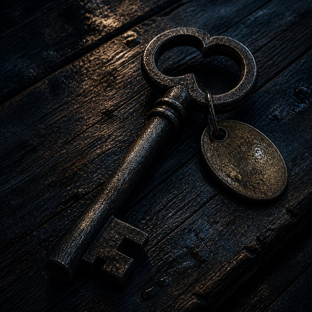 Salt-worn iron lighthouse key on wet timber