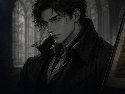 Illustrated portrait of a dark-haired man wearing glasses and a dark coat